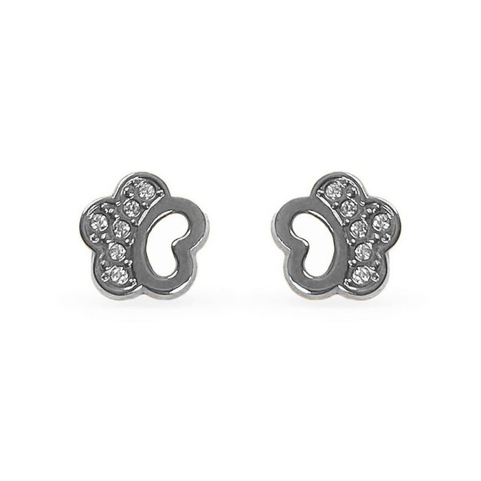 Brincos de menina Zerus em ouro branco 9kl com design minimalista de flores cravados de zircónias.