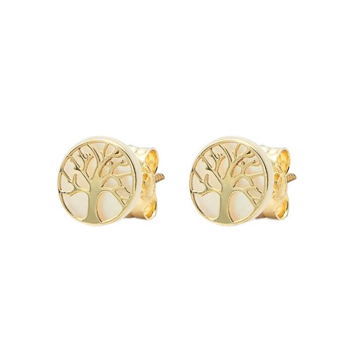 Brincos de criança da Zerus em ouro amarelo de 9kl com a árvore da vida adornada com madrepérola.