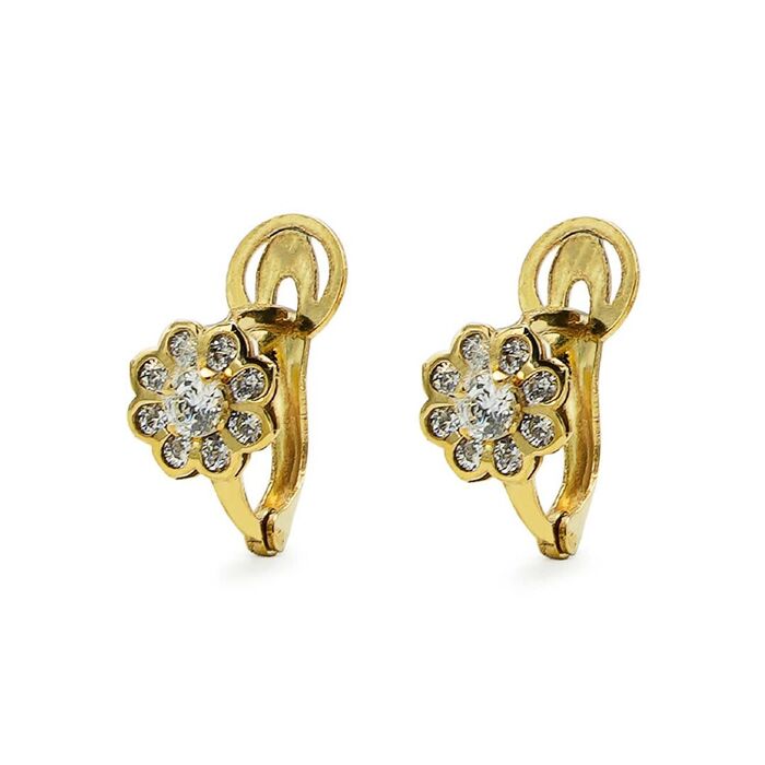Argolas de menina em ouro amarelo de 9kl da Zerus com forma de uma flor cravada de zircónias.