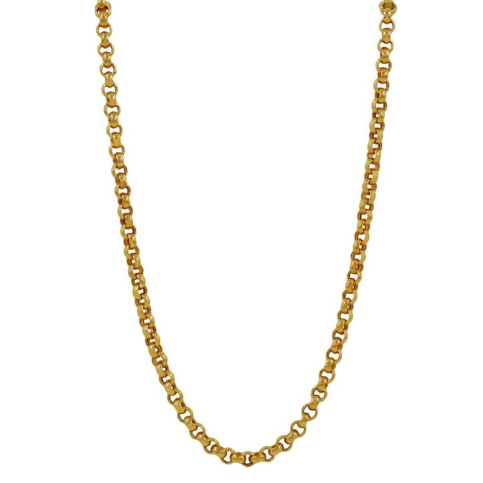 Colar feminino em ouro amarelo de dezanove quilates, com a típica malha cordão, de aspeto vistoso.