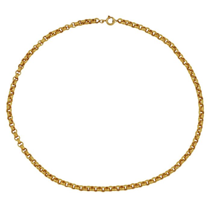 Vista total de colar feminino em ouro amarelo, com a típica malha cordão, de aspeto vistoso.