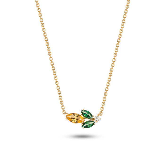 Vista alargada de colar em ouro amarelo com um diamante e 3 pedras topázio, de cor verde e amarela.