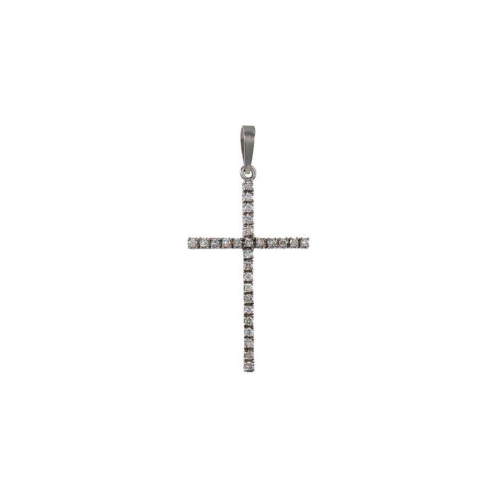 Cruz em ouro branco de dezanove quilates, com diamantes cravados em toda a forma da cruz.