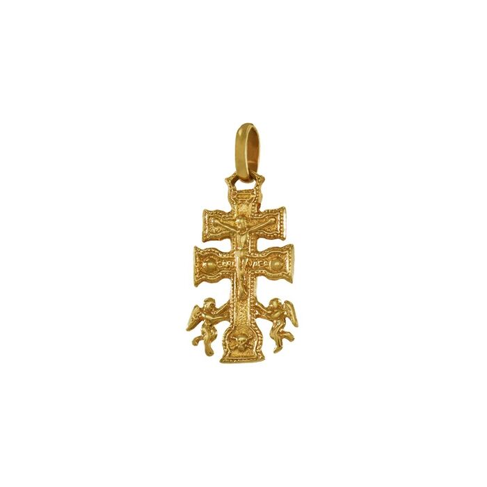 Cruz de caravacas em ouro amarelo, estilo vintage, com a figura de Cristo e dois anjos nas laterais.