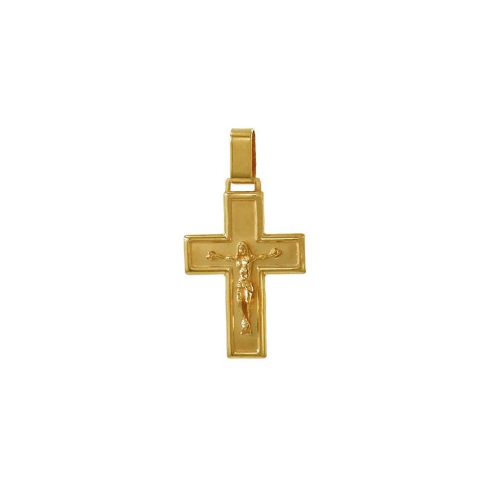 Cruz em ouro amarelo de dezanove quilates, com design retangular e figura de Cristo em 3 dimensões.