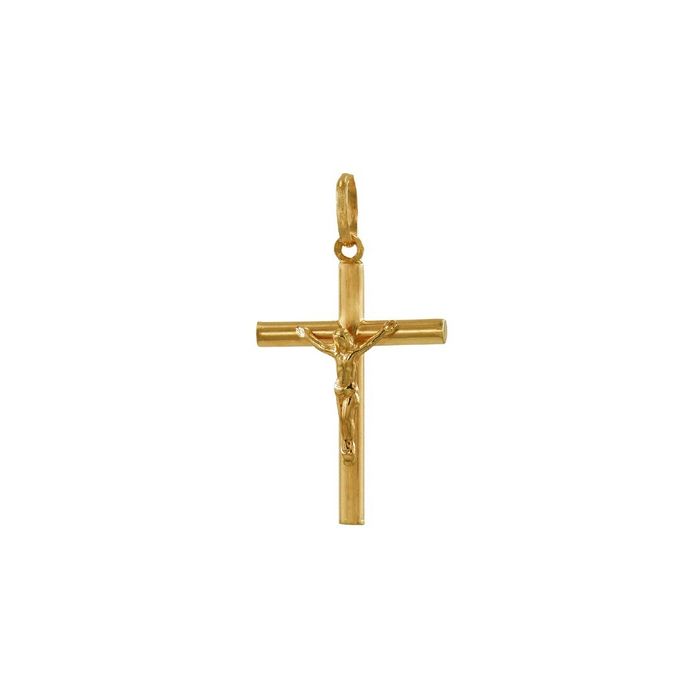 Cruz ouro amarelo de dezanove quilates, com design arredondado e figura de Cristo em três dimensões.