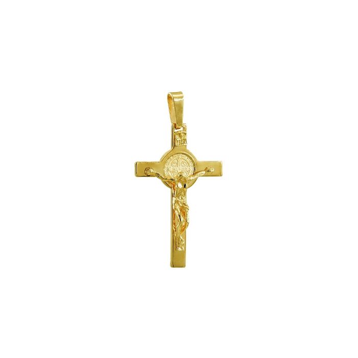 Cruz ouro amarelo de dezanove quilates, com o design da cruz de são Bento e imagem de Cristo em 3D.