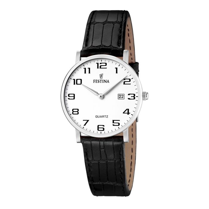 Relógio Festina para mulher, com bracelete em couro genuíno em preto com mostrador branco.
