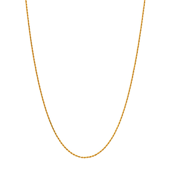 Imagem de colar em ouro amarelo de dezanove quilates, com malha tipo corda, de aspeto fino.