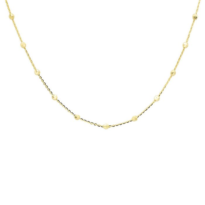 Metade de colar em ouro amarelo 9kl da Zerus de malha cadeado e bolas facetadas em vista de frente.