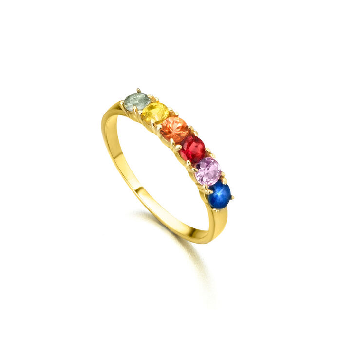 Anel feminino LECARRÉ em ouro amarelo de dezoito quilates, com seis safiras coloridas no topo.