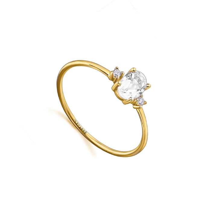 Anel feminino LECARRÉ em ouro amarelo de dezoito quilates, com topázio e diamantes brancos.