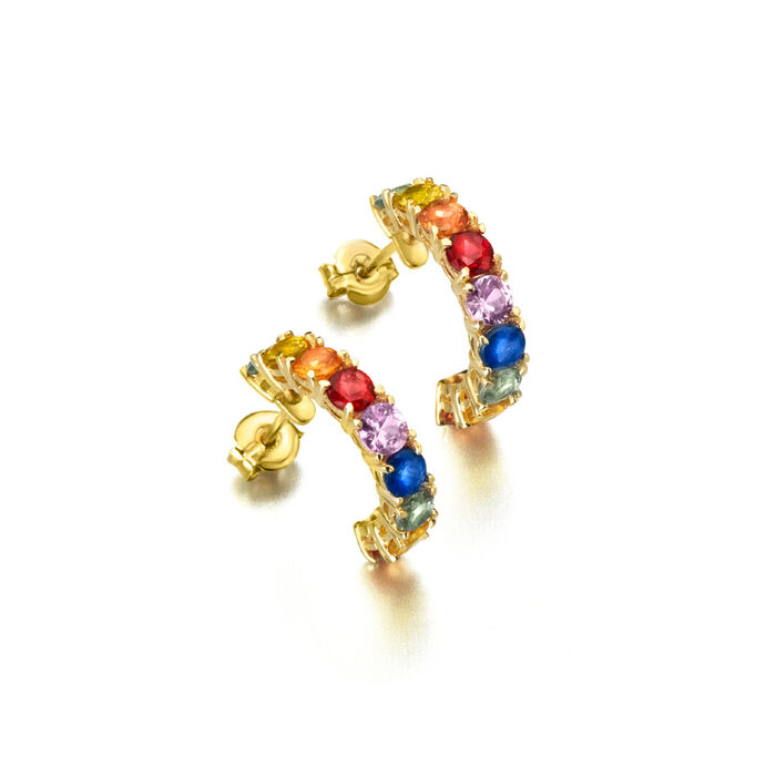 Brincos femininos Lecarré em ouro amarelo estilo meia argola, com safiras cravadas, de várias cores.