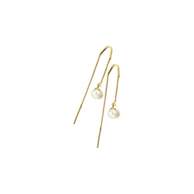 Par de brincos femininos LECARRÉ em ouro amarelo, estilo pendente fino, com pérola na ponta.