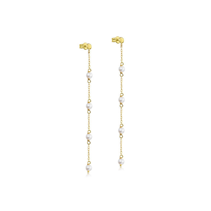 Par de brincos femininos LECARRÉ em ouro amarelo, estilo pendente com quatro pérolas intercaladas.