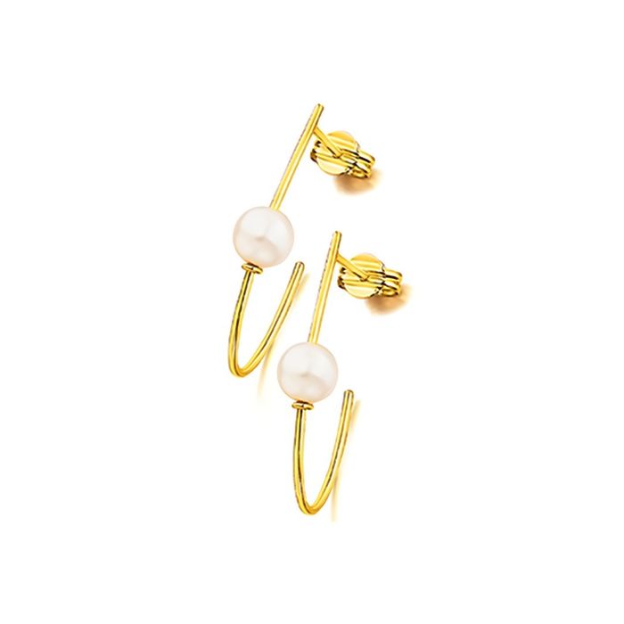 Par de brincos femininos LECARRÉ em ouro amarelo, estilo argola pendente, com pérola no meio do aro.