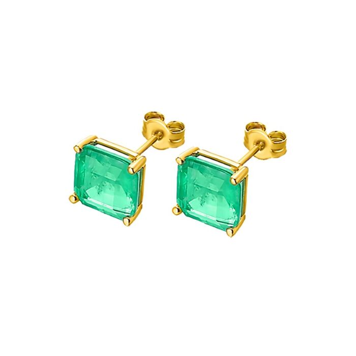 Brincos femininos LECARRÉ em ouro amarelo de dezoito quilates com quartzo verde de formato quadrado.