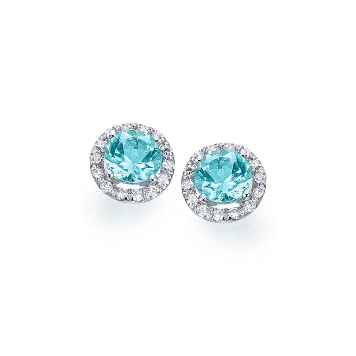 Brincos femininos Lecarré em ouro branco de dezoito quilates, com topázio azul e diamantes ao redor.