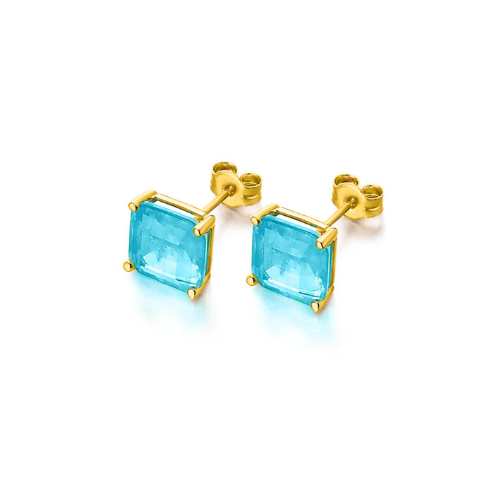 Brincos femininos Lecarré em ouro amarelo, com pedra topázio azul marinho, de formato quadrado
