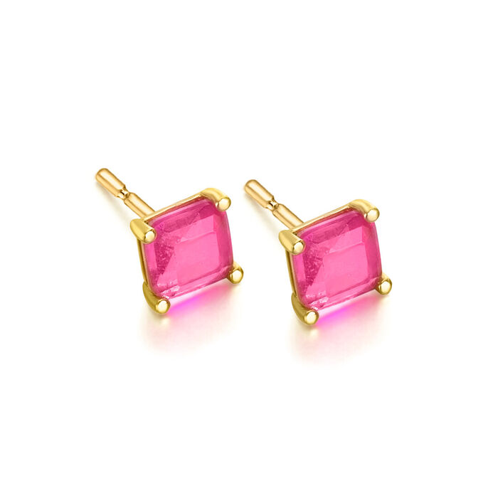 Brincos femininos LECARRÉ em ouro amarelo de dezoito quilates com quartzo rosa de formato quadrado.