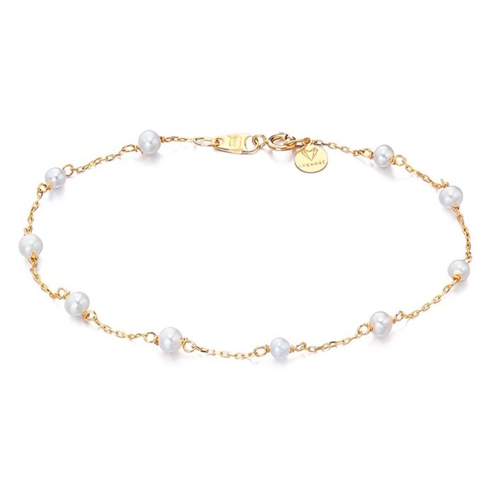 Pulseira feminina Lecarré em ouro de 18k, dourada, com pérolas redondas intercaladas na malha.