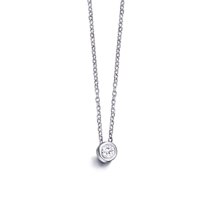 Colar feminino Lecarré em ouro de 18k, de tom prateado, malha fina, com diamante redondo pendente.