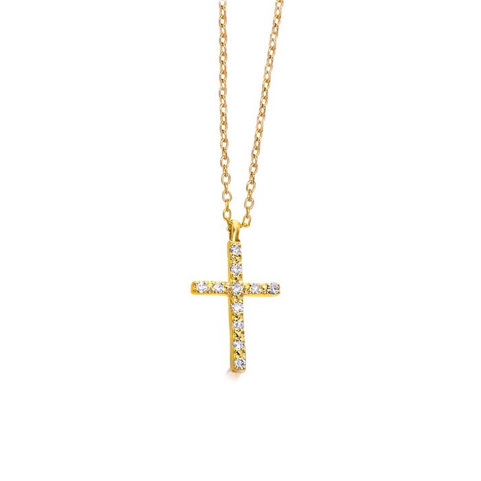 Colar feminino Lecarré em ouro amarelo, de malha fina, com cruz pendente cravada de diamantes.