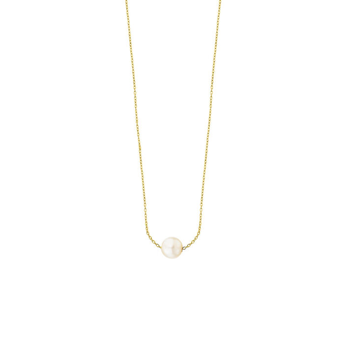 Colar feminino Lecarré em ouro amarelo de dezoito quilates com pérola de cultivo branca no centro.
