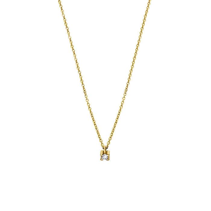 Colar feminino Lecarré em ouro amarelo de dezoito quilates com zircónia pendente sob o fio.