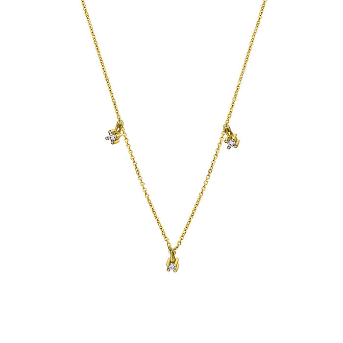 Colar feminino em ouro amarelo de dezoito quilates com três zircónias pendentes sob fio, malha fina.