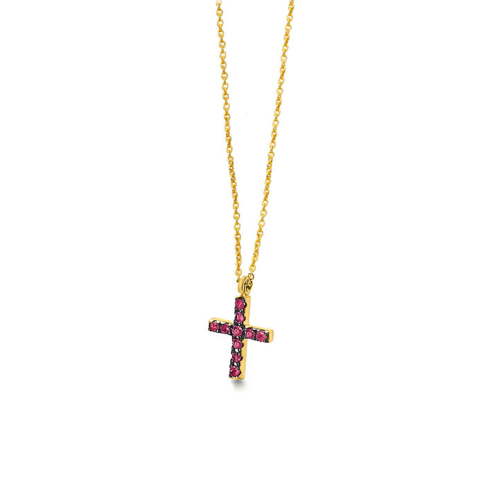 Colar Lecarré em ouro amarelo de 18 quilates com cruz pendente cravada com dez rubis vermelhos.