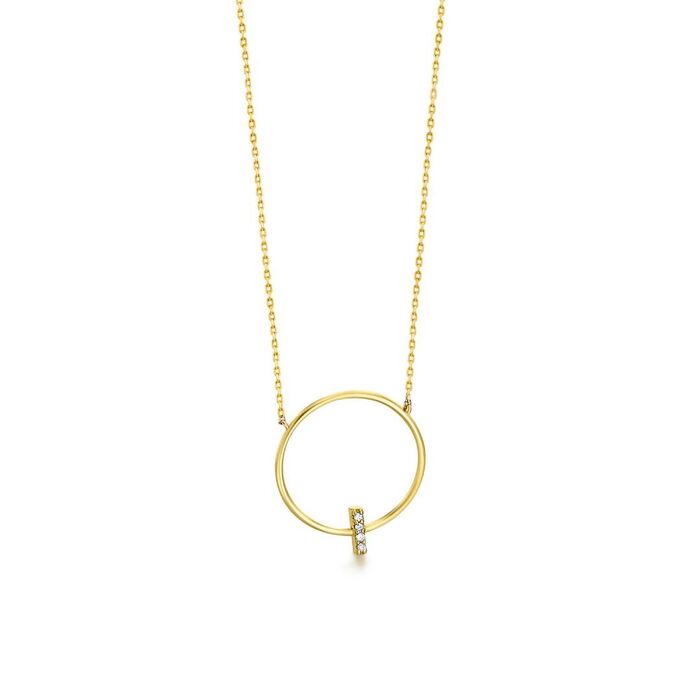 Colar feminino Lecarré em ouro amarelo, com pendente em forma de círculo com pedras estilo baguete.