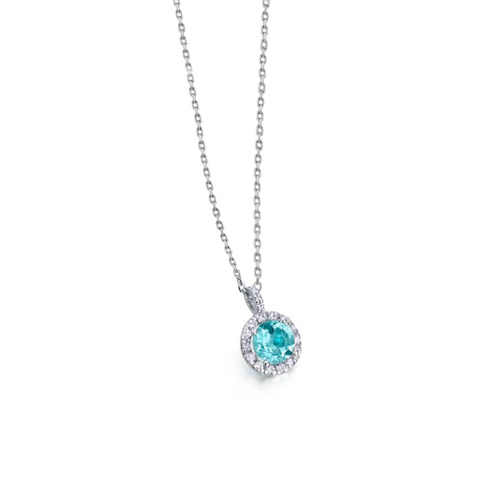 Colar feminino Lecarré em ouro branco, com pendente forma redonda com topázio azul e diamantes.