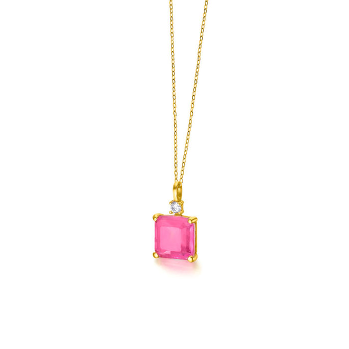Colar ouro amarelo com quartzo rosa pendente de formato quadrado e apontamento de topázio branco.