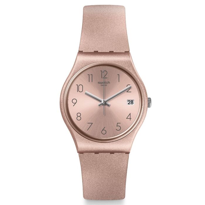 Relógio feminino Swatch com uma bracelete rosa com textura e um mostrador analógico com calendário.