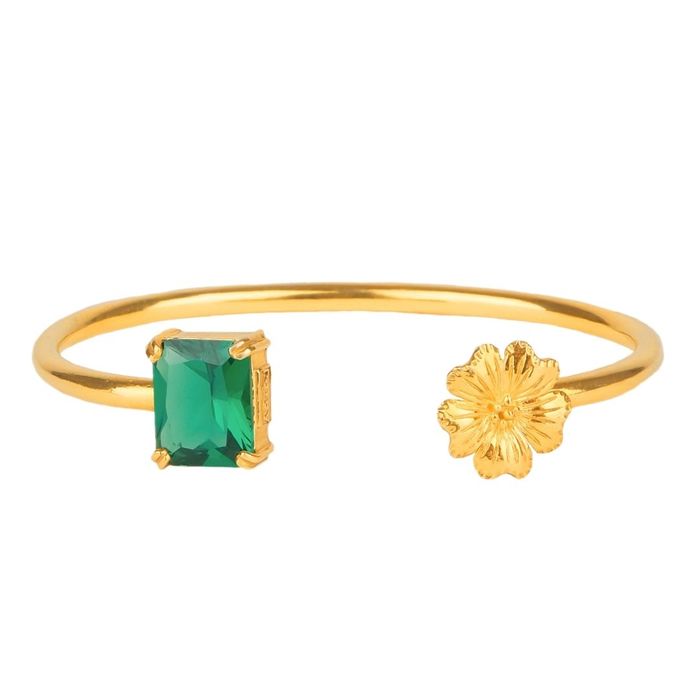 Escrava aberta da Portugal Jewels em dourado com uma flor e uma zircónia verde em cada ponta.