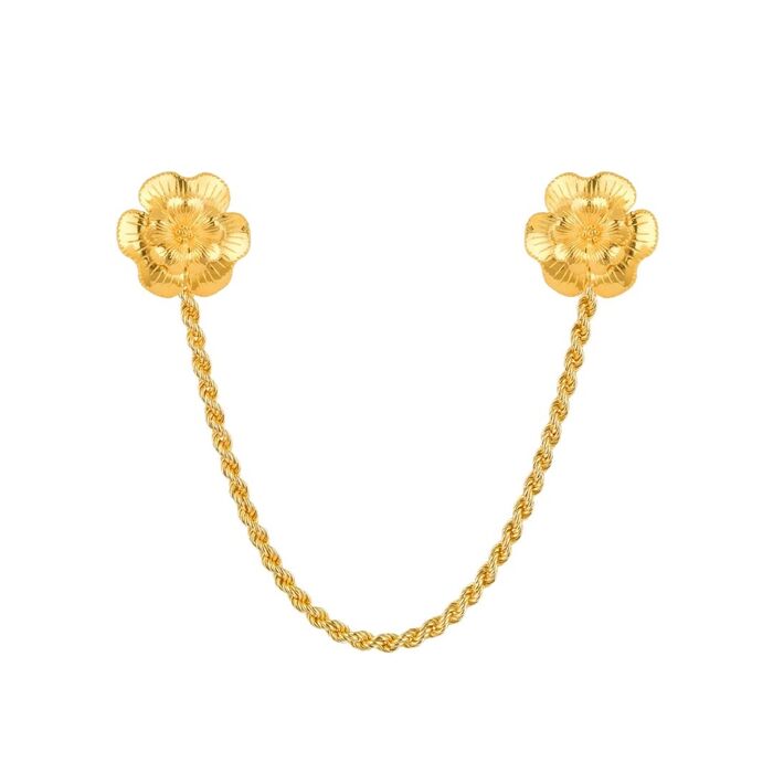Alfinete dourado Portugal Jewels com duas flores ligadas por um fio de malha em corda.