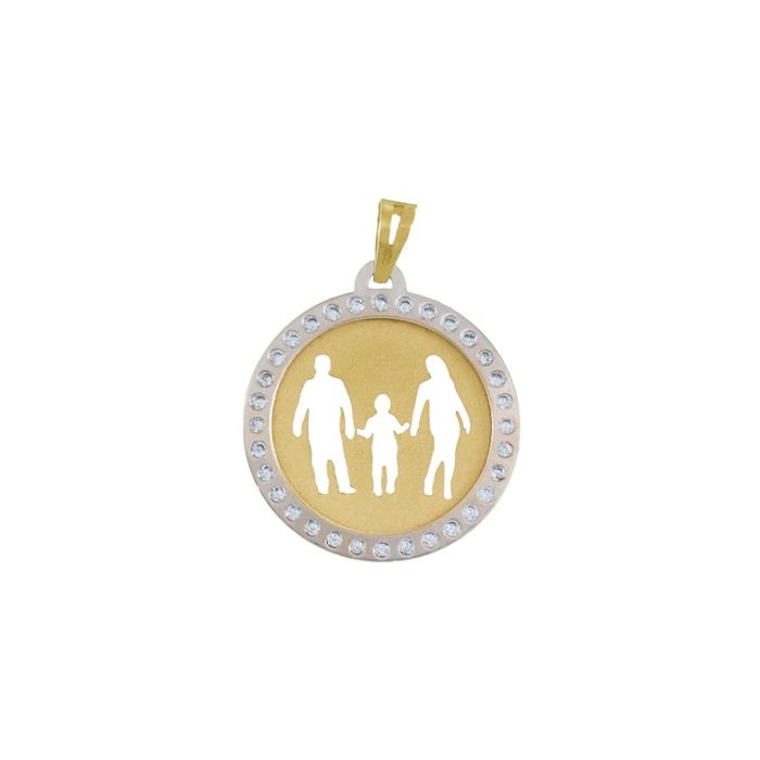 Medalha em ouro amarelo, com zircónias, um friso de ouro branco e recorte de casal com menino.