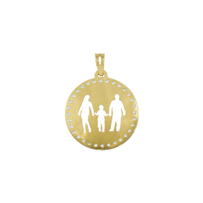 Lateral de medalha em ouro amarelo, cravada com zircónias ao redor e recorte de casal com menino.