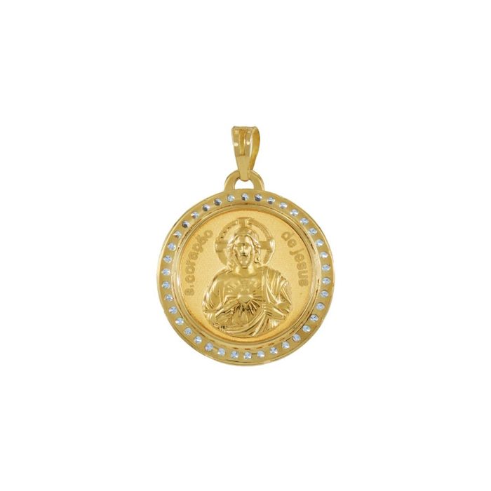 Lateral de medalha em ouro, com contorno de zircónias e a imagem do sagrado coração de Jesus.