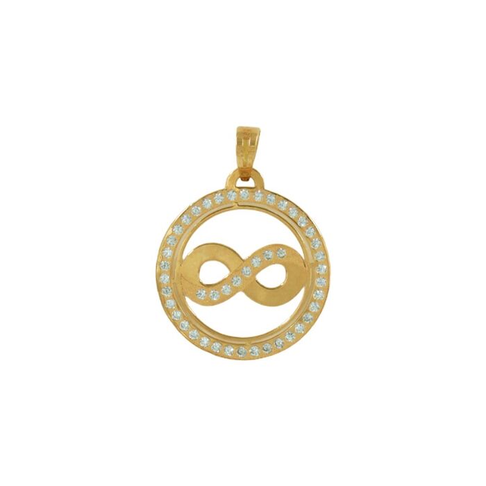 Medalha em ouro amarelo, com contorno de zircónias e um infinito recortado no centro com zircónias.