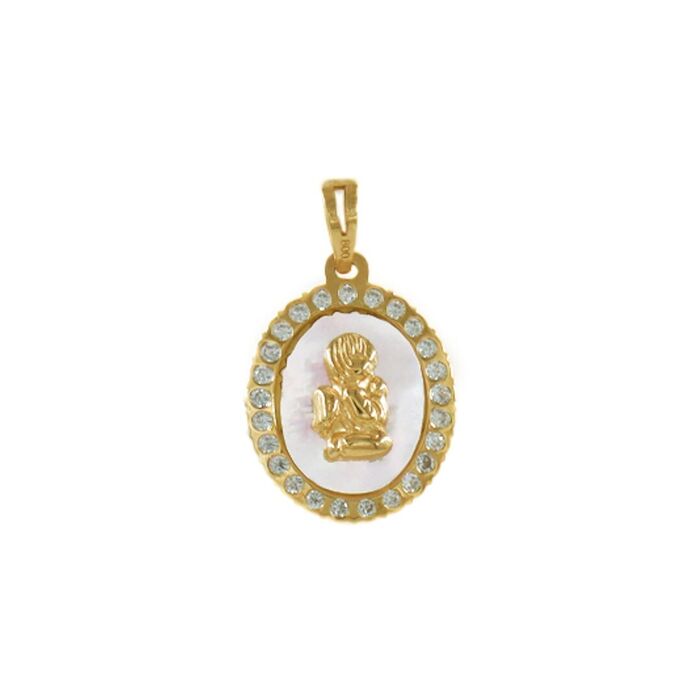 Medalha em ouro amarelo, com contorno de zircónias e um anjo dourado no centro da madrepérola.