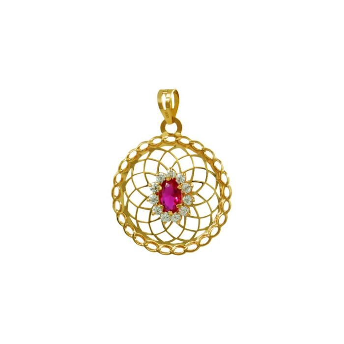 Medalha ouro amarelo de formato circular, com zircónias brancas ao redor de uma zircónia vermelha.
