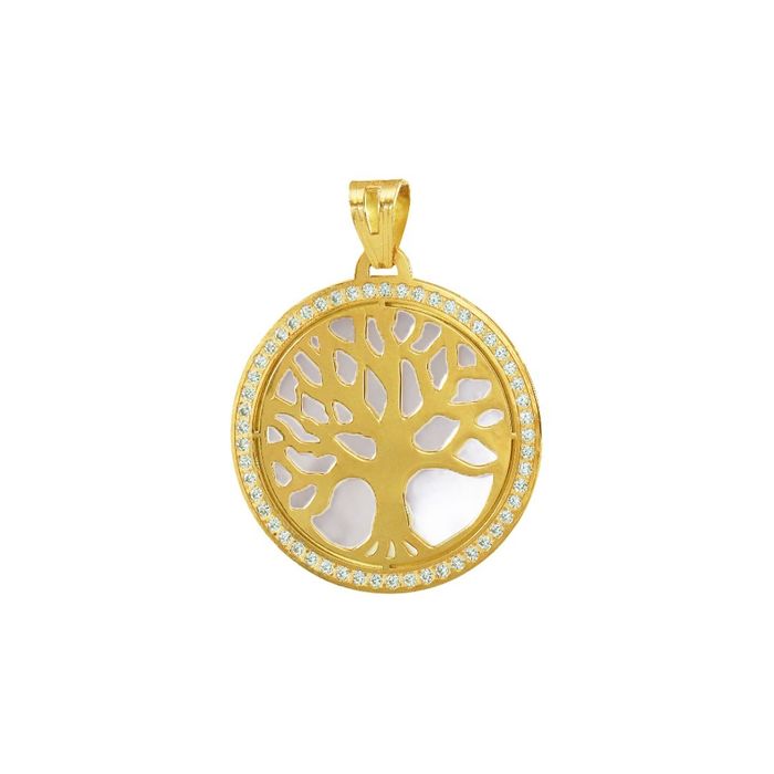 Imagem de medalha em ouro de cor dourada, de formato redondo, com árvore da vida sob madrepérola.