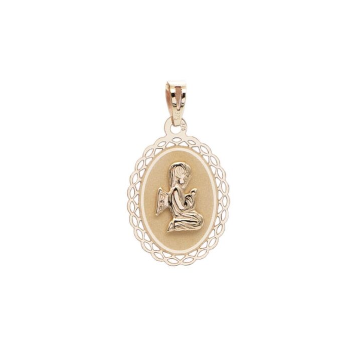 Medalha oval em ouro amarelo de 9kl da Zerus Jewellery com a figura de um anjo em relevo no centro.