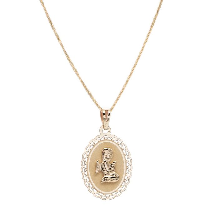 Medalha oval Zerus em ouro amarelo de 9kl, suspenso sobre um fio, com um anjo em relevo no centro.