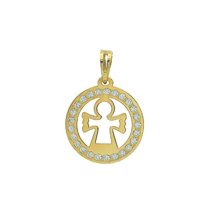 Medalha Zerus em ouro amarelo de 9kl com um anjo no centro envolto de zircónias.