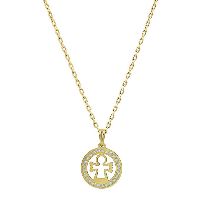 Medalha em ouro amarelo 9kl da Zerus com um anjo no centro envolto de zircónias e suspenso num fio.