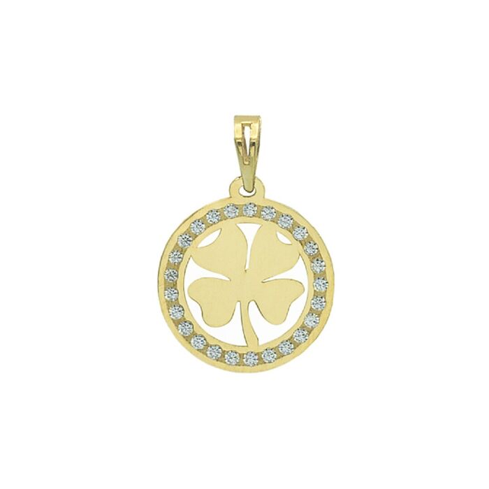 Medalha Zerus em ouro amarelo de 9kl com um trevo no centro envolto de zircónias.