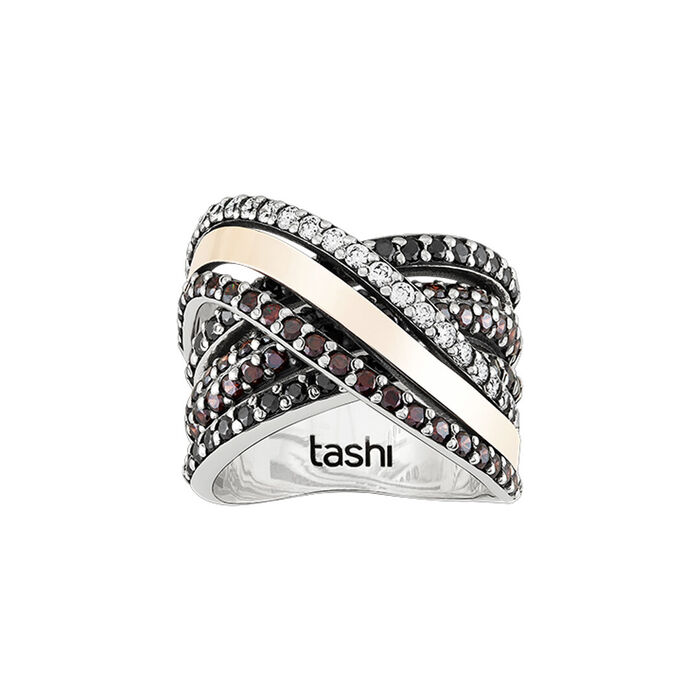 Anel prateado Tashi de aros entrelaçados com zircónias pretas e castanhas e com um friso dourado.